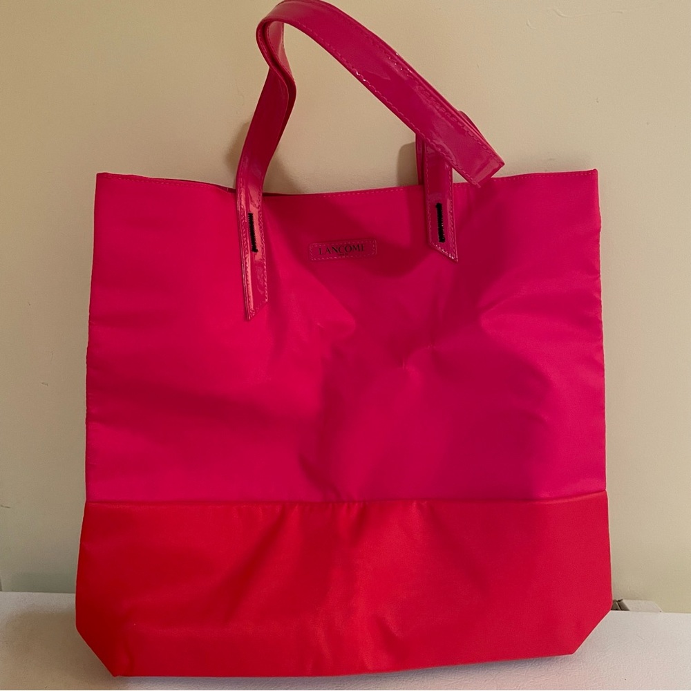 NWT Lancome Makeup Orange and Pink Lined Large Canvas Tote Bag